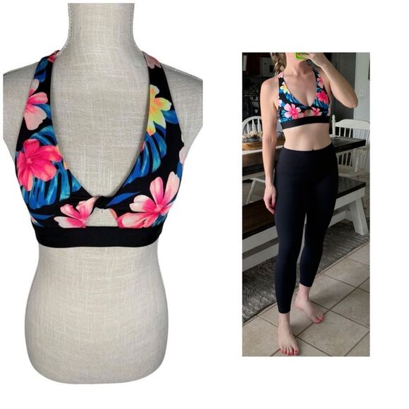 PINK Victoria's Secret Black Tropical Keyhole Gym To Swim Sports Bra - Picture 1 of 11
